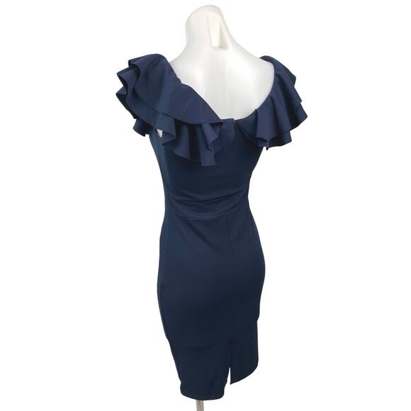 Quiz Navy Blue Ruffle Sleeve Stretch Cocktail Fitted Sheath Mini Dress Size 8 - Picture 2 of 5